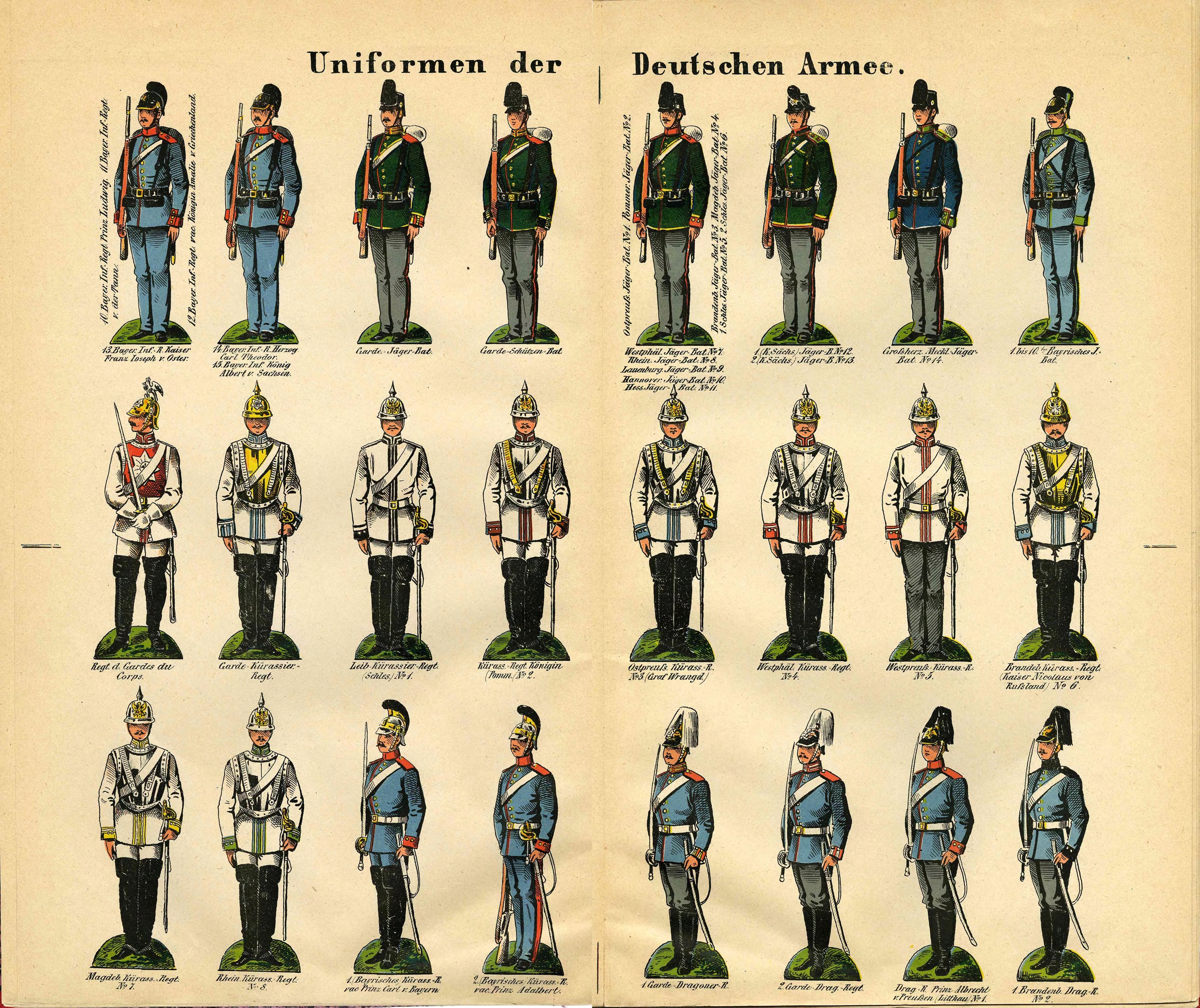 Ein Buch, das eine Vielfalt bunter deutscher Armeeuniformen mit detaillierten Elementen wie Helmen und Gewehren zeigt.