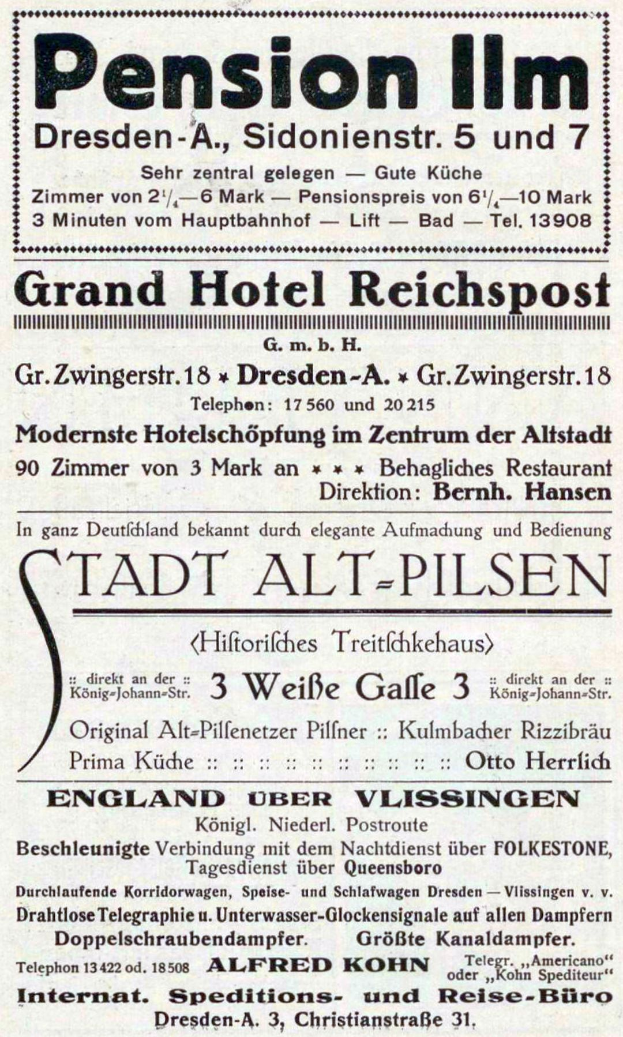 Alte Zeitungsannonce für die Pensionsherberge in Dresden, Deutschland, mit schwarzem Text auf weißem Hintergrund.