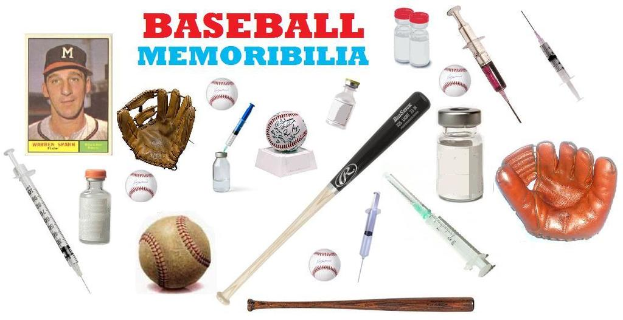 Ein Foto, das Handschuhe, Injektionen, Flaschen, Bälle und Baseballschläger auf einem weißen Hintergrund mit Text oben zeigt.