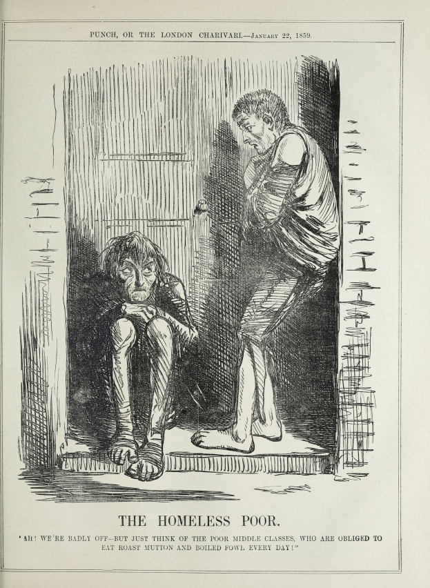 Eine Zeitung mit einer Zeichnung von zwei Personen, eine sitzend und eine stehend, mit der Aufschrift "Die Obdachlosen Armen" darauf.