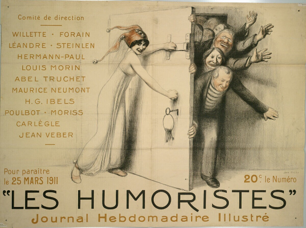Ein Plakat an einer Gebäudewand mit einer Gruppe lachender Menschen und der Schrift "Les Humoristes Journal Hebdomadaire Illustré" oben in fetter Schrift.