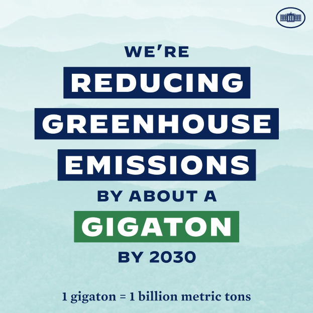 Plakat mit der Aufschrift "Wir reduzieren die Treibhausgasemissionen bis 2030 um etwa eine Gigatonne" mit Logo, das die Reduzierung der Treibhausgase bis 2030 fordert.