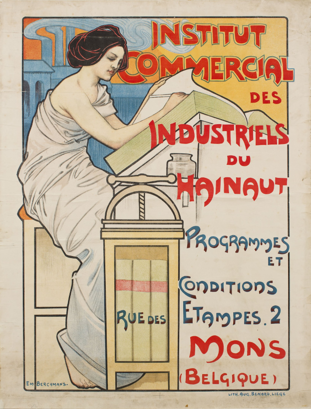 Ein Plakat, das das Institut Commercial des Industriels du Hainaut bewirbt und eine Frau zeigt, die an einem Tisch sitzt und ein Buch hält, mit Text, der Details über das Institut enthält.