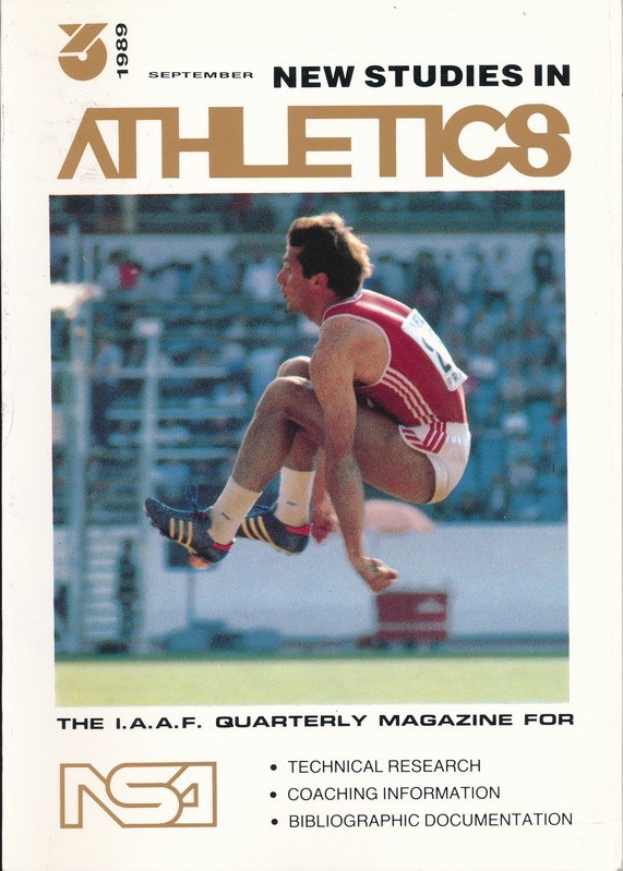 Titelbild eines Buches namens "New Studies in Athletics September 1989" mit einer Illustration eines Mannes, der in der Luft springt.