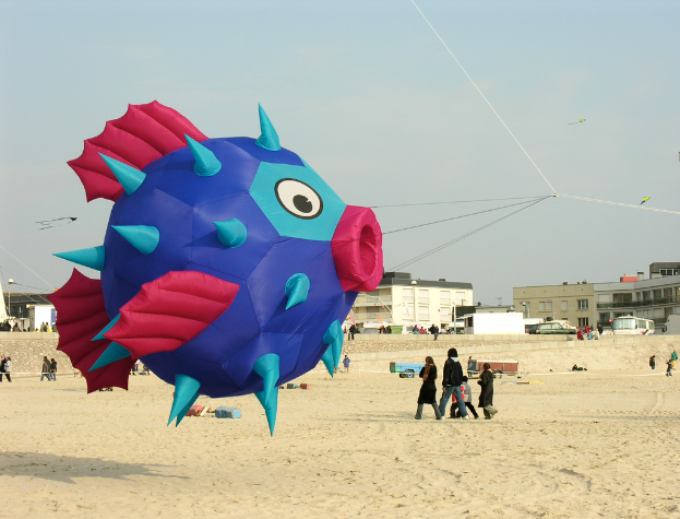 Ein fischförmiger Luftballon wird von Menschen, Autos und Gebäuden umgeben.