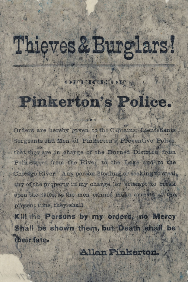 Ein Plakat mit fetter schwarzer Schrift, die 'Diebe & Einbrecher Pinkerton's Police' in der Mitte zeigt, eingerahmt von einem schmalen schwarzen Rand.