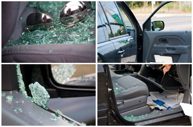 Eine Collage aus vier Bildern: Goggles auf Glasscherben, eine Seitenansicht eines Autos, ein gebrochenes Autofenster und ein Autositz voller Glasscherben mit verstreuten Papieren.