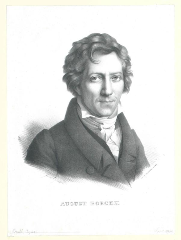 Schwarz-weiß-Porträt von August Boecke, einem deutschen Komponisten, der einen Mantel trägt, mit Text unten im Bild.