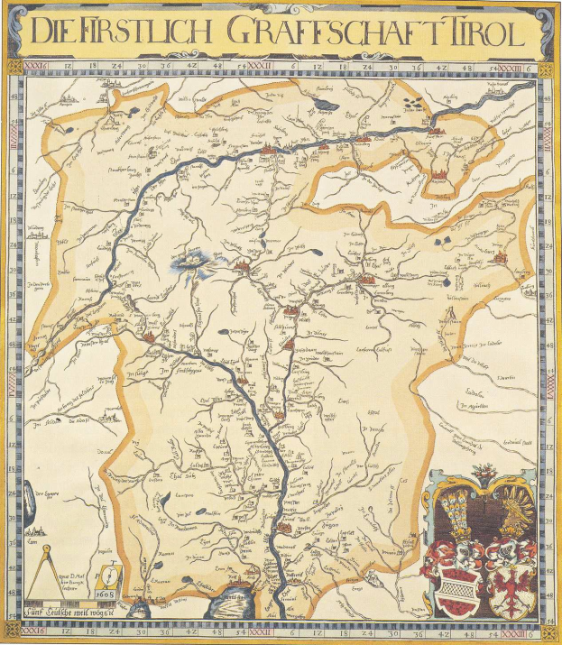 Eine detaillierte Karte des ersten deutschen Grafschafter Tirol mit geographischen Elementen wie Flussen, Bergen und St├Ądten sowie begleitendem Text und Bildern.