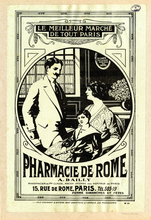 Schwarze und weiße Werbung für eine Apotheke in Rom mit einem Mann und einer Frau nebeneinanderstehend und Text, der die Dienstleistungen beschreibt.