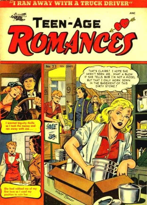 Ein farbenfroher DC-Comics-Plakat titled 'Teen-Age Romances 23-A', das eine Gruppe von Menschen in einer fröhlichen, romantischen Umarmung zeigt, mit fetter Schrift und leuchtenden Farben.