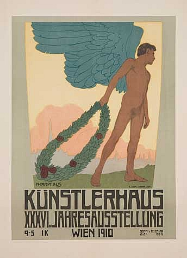 Ein deutsches Propagandaplakat aus dem Jahr 1910, das einen geflügelten Mann in heroischer Pose mit einem Kranz zeigt, leuchtende Farben und die Schrift "Kunstlerhaus Wien 1910".