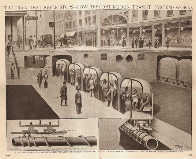 Ein Blatt Papier mit Bildern von Menschen, Zügen und anderen Gegenständen sowie dem Text "Der Zug, der nie aufhört - wie das ständige Verkehrs system funktioniert".