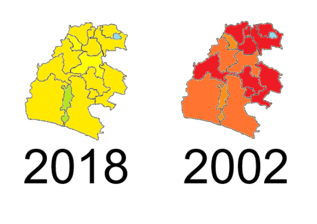 Eine Deutschlandkarte mit Provinzen in Gelb, Rot und Orange, die Veränderungen zwischen 2002 und 2018 zeigt, auf einem weißen Hintergrund mit Text.