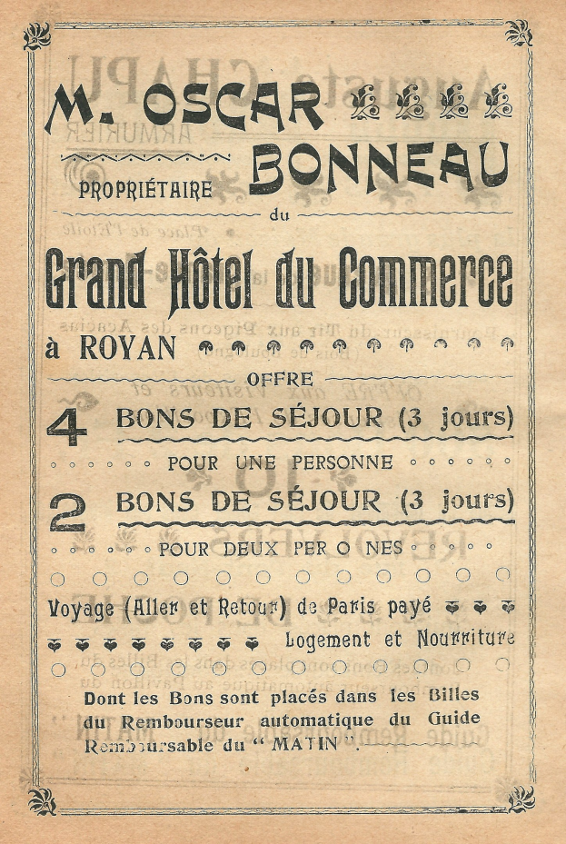 Anzeige für das Grand Hotel du Commerce in Paris, Frankreich, auf altem Papier mit Text, der die Hotelservices bewirbt.