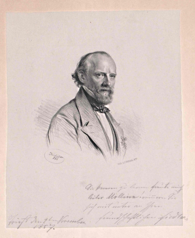 Ein Schwarz-Weiß-Zeichnung eines bärtigen Mannes im Anzug, identifiziert als deutscher Philosoph und Nobelpreisträger Friedrich Wilhelm, mit einem ernsten Gesichtsausdruck und deutscher Text unten.