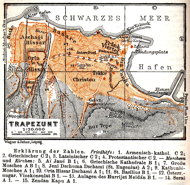 Eine detaillierte alte Karte von Trapezunt, Deutschland, die Straßen, Gebäude, Sehenswürdigkeiten und begleitenden Text über die Bevölkerung, Straßen und Sehenswürdigkeiten zeigt.