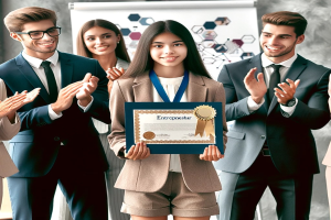 Eine Gruppe von Menschen in einer professionellen Umgebung, die klatschen und feiern, mit einer Frau in der Mitte, die ein Zertifikat hält und eine Medaille um den Hals trägt.