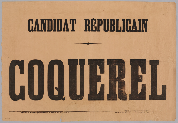 Ein Plakat mit den Worten "Kandidat Républicain Coquerel" in fetter schwarzer Schrift auf einem weißen Hintergrund.