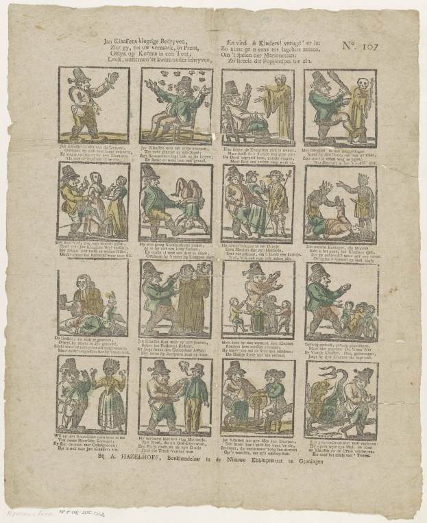 Ein Bild aus einem Buch mit einer Zeichnung eines verzweifelten Mannes in Hut und Frau in Kleid, umgeben von Text und zusätzlichen Bildern.