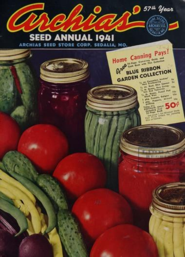 Ein Buch mit dem Titel "Archias Saatgut-Jahrbuch 1941" mit einem Cover, das Tomaten, Gurken, Paprika und Gläser mit verschiedenen Gemüsen zeigt, alles in fetter Schrift.