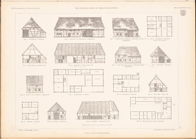 Ein offenes altes Buch zeigt Architekturhauspläne mit detaillierten Entwürfen und begleitendem Text.