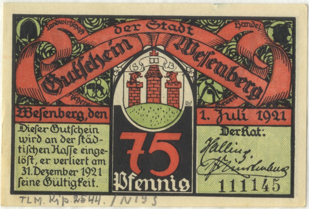 Ein altes deutsches Geldscheingebäude mit einem Gebäude, dem Text "Bundesliga" und einem Logo unten auf einem weißen Hintergrund.