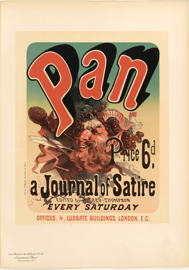 Ein Plakat mit einem Porträt eines Menschen mit kurzen, dunklen Haaren in einem weißen Hemd, mit einem ernsten Gesichtsausdruck und der Aufschrift "Pan: A Journal of Satire" in fetter, schwarzer Schrift.