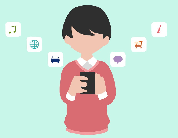 Animierter Mensch, der ein Smartphone hält, mit App-Icons, die das Online-Shopping darstellen.