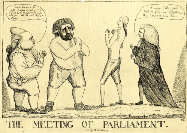 Eine handgezeichnete Skizze von drei stehenden und diskutierenden Personen, betitelt "Die Parlamentssitzung" unten, mit einer Person, die animiert gestikuliert.