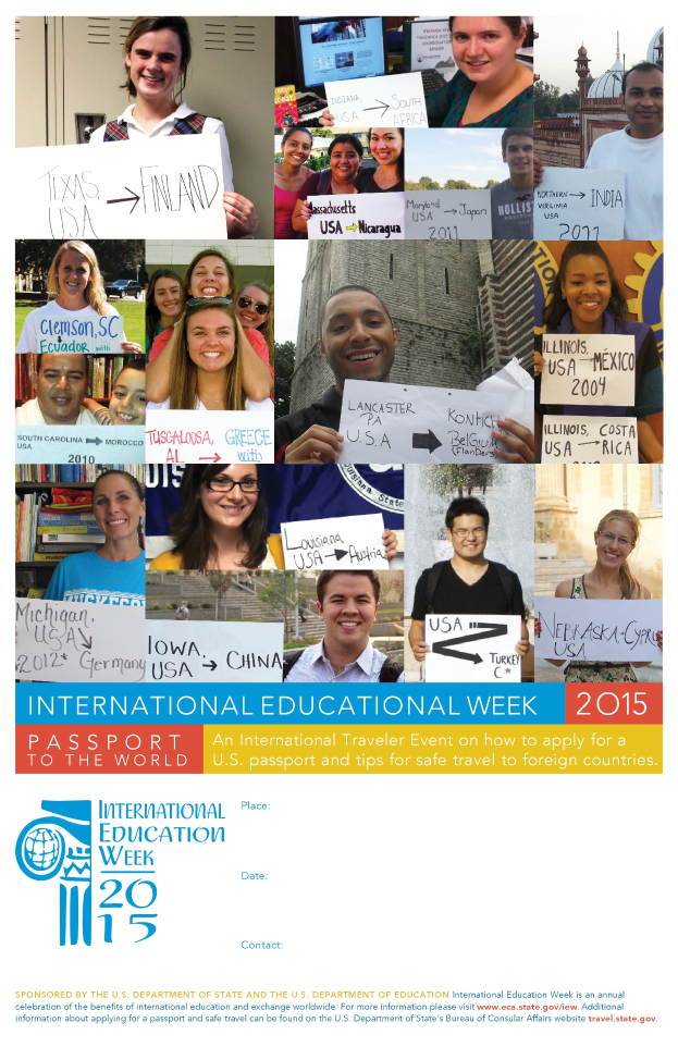 Ein Plakat für die Internationale Bildungswoche 2015, das eine Gruppe strahlender Menschen mit Schildern zeigt und Text zur Ereignisinformation enthält.