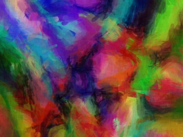 Abstrakte Malerei mit leuchtenden Farben, darunter Blues, Greens, Yellows und Reds, mit einer Mischung aus abstrakten Formen und Linien.