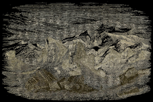 Schwarze und weiße Gravur eines Gebirgszuges mit Felsen im Vordergrund und Himmel im Hintergrund, beschriftet mit "Mount Everest" unten.