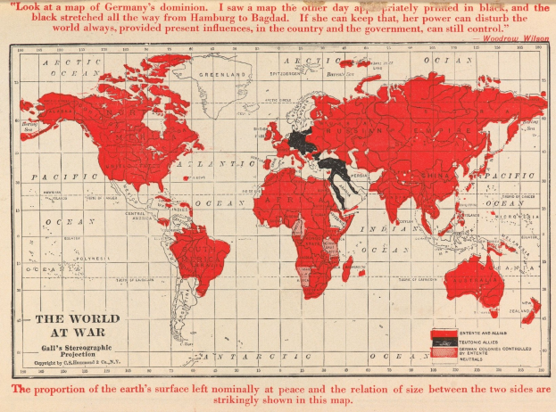 Plakat mit der Überschrift "Die Welt im Krieg" mit einer roten und schwarzen Weltkarte und fetter Schrift.