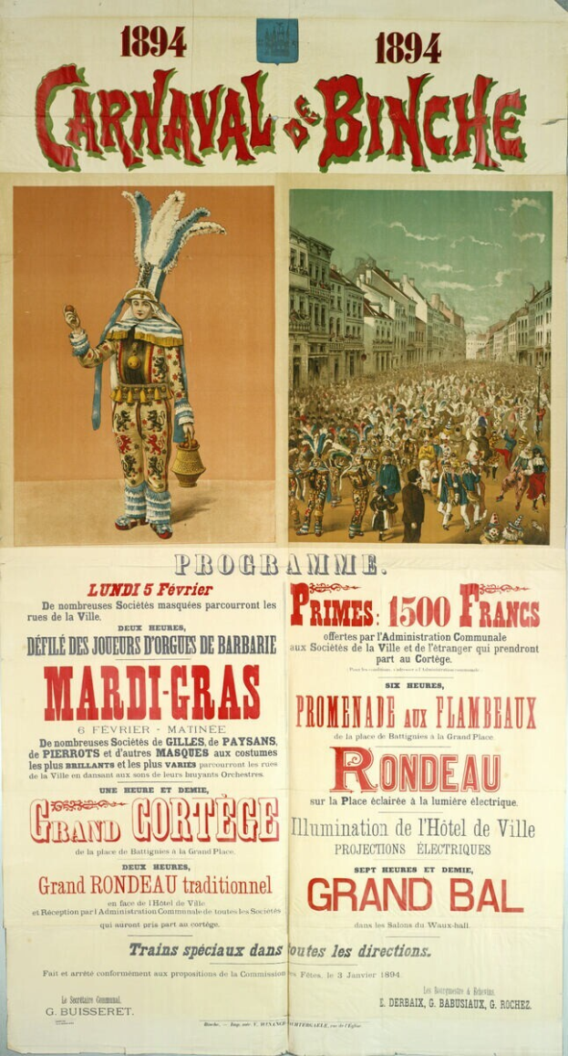 Ein altes Plakat, das ein Karnevalsfest in Banche, Frankreich, bewirbt und Illustrationen von Menschen, Gebäuden und Text enthält.