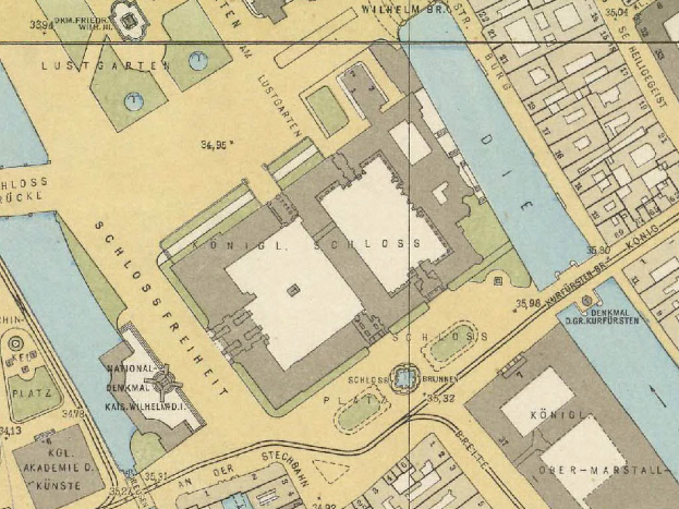 Ein detailliertes altes Stadtplan von Köln, Deutschland, zentriert auf dem Schloss, zeigt Gebäude, Straßen und Sehenswürdigkeiten mit Textbeschriftungen für Straßen, Parks und Sehenswürdigkeiten.