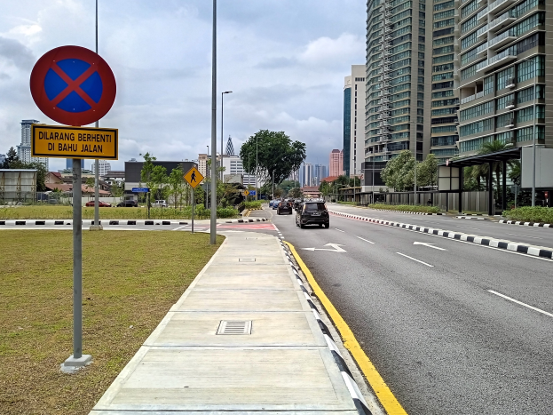 Eine Straßenszene mit Fahrzeugen, einem Gehweg mit einem Parkverbotsschild, Gras, Laternen, Bäumen, Gebäuden mit Fenstern und einem bewölkten Himmel.