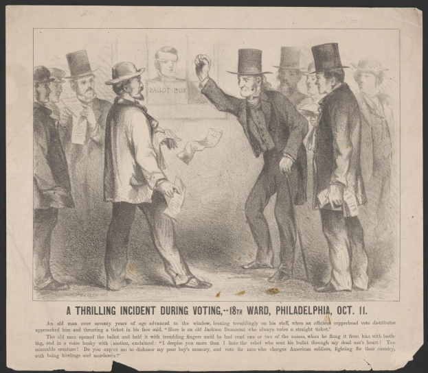 Ein historisches Illustration titled 'A Thrilling Incident During Voting - 18th Ward, Philadelphia, Oct. 11' showing a group of people wearing hats, with one person holding papers in their hand.