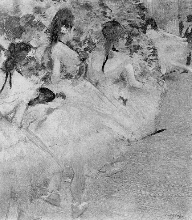 Schwarz-weiß-Zeichnung von Tänzern in einem Studio, mit einer Person in der Mitte einer Gruppe, die bunte Tutus und Spitzenschuhe trägt, ihre Posen anmutig und elegant vor einem unscharfen Hintergrund.