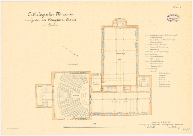 Ein detaillierter Grundrissplan des Bibliothek des Königliches Châteaux in Berlin, der verschiedene Räume, Flure und Merkmale mit begleitendem Text zeigt.