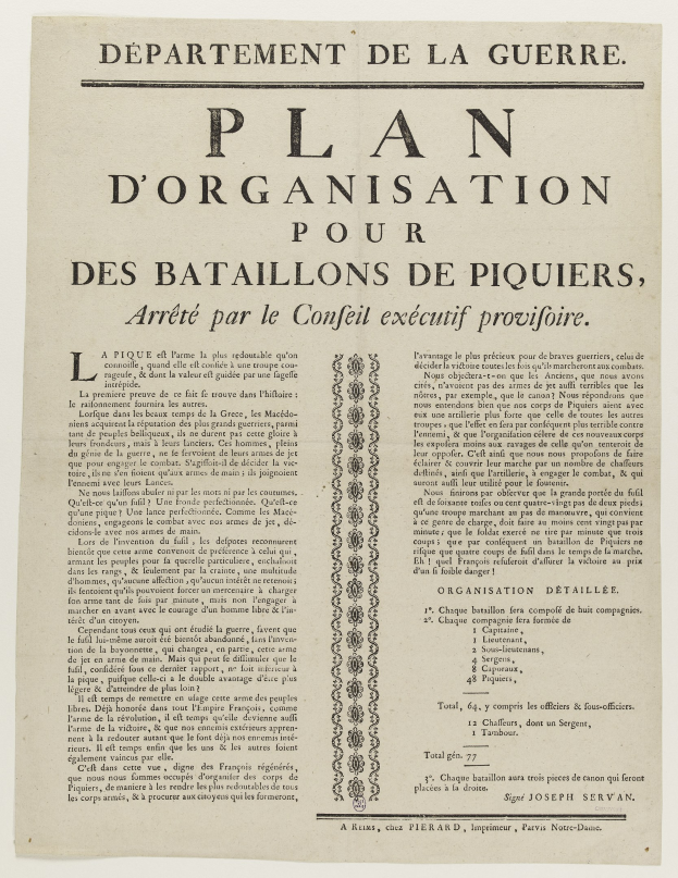 Papier mit gedrucktem Text auf Französisch betitelt "Plan d'Organisation pour des Bataillons de Piquiers, Arrêté par le Conseil Executif Provifoire", das einen Plan zur Organisation von Piketen Bataillone enthält.