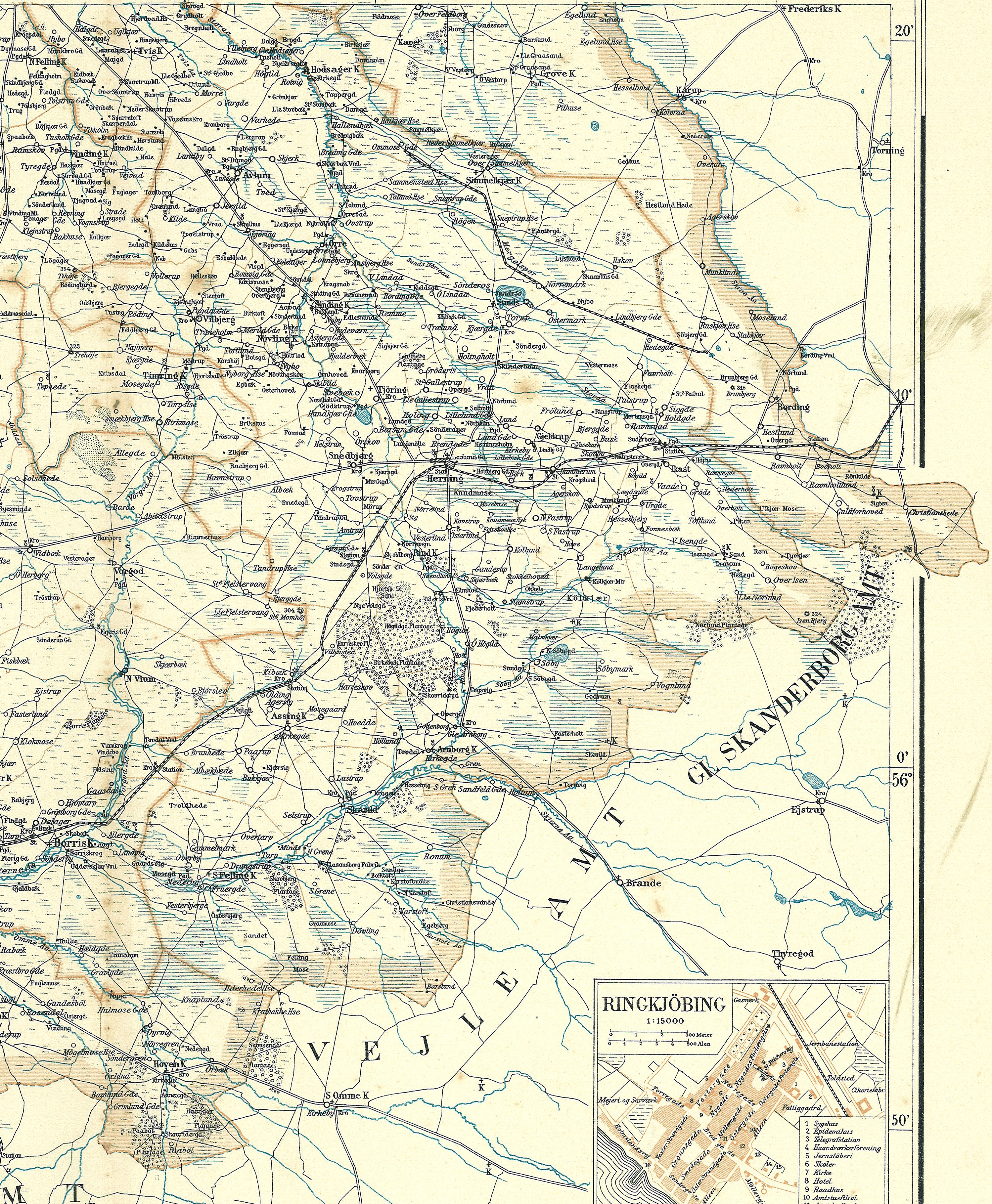 Ein altes Stadtplan von Rinkjöbing, Deutschland, auf Papier gedruckt, zeigt Straßen, Autobahnen und andere Merkmale mit Text und Zahlen.