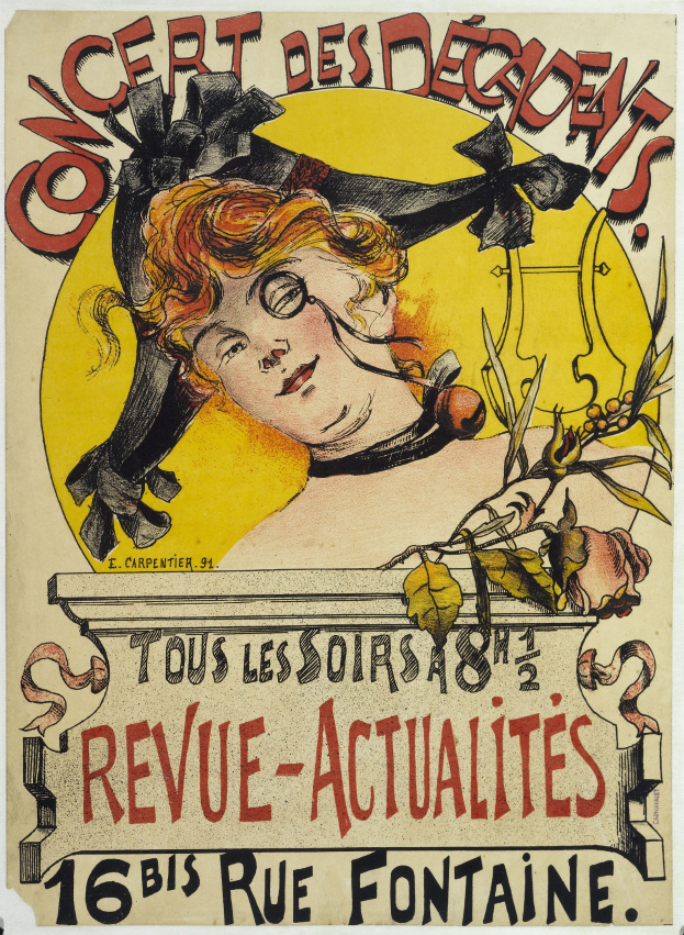 Ein Plakat für ein Decadents-Konzert mit einer Illustration einer Frau mit menschlichem Gesicht und Text, der die Veranstaltungsdetails bereitstellt.