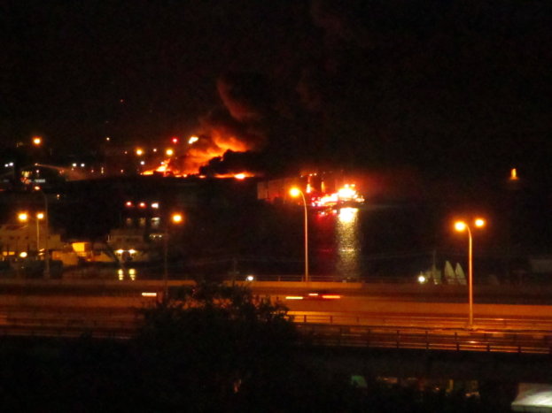 Großbrand in der Nacht in einer Stadt, mit Straßenlaternen, einem Baum im Vordergrund, dunklem Himmel und einem nahen Gewässer.