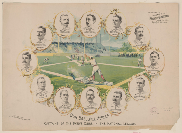 Plakat mit der Aufschrift "Unsere Baseball-Helden, Kapitäne der zwölf Clubs in der National League" zeigt eine Gruppe von Baseball-Spielern auf einem Feld mit einer Menge, Bäumen und einem klaren blauen Himmel.