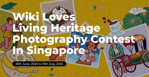 Ein Plakat f"{u}r den "Wiki Loves Living Heritage Photography Contest in Singapore" mit Bildern von Menschen, einem Rikscha, einer Tasse mit Untertasse und anderen Gegenst"{a}nden.