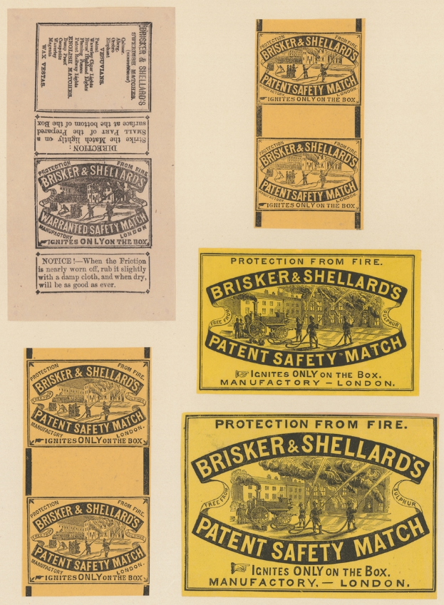 Ein Blatt Papier mit mehreren angehefteten Blättern, auf denen jeweils der Text "Brisker & Shellard's Patent Safety Match" steht.