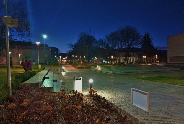 Ein Park bei Nacht mit beleuchteten Bäumen, Straßenlaternen, Pfählen, Bänken, Pflanzen, Gras und Gebäuden im Hintergrund unter einem sichtbaren Himmel.