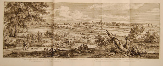 Schwarz-weiß-Illustration eines offenen Buches mit der Aufschrift 'Ansicht der Schlacht von Castellum und Castellium aus der Illustrated London News', die eine Landschaft mit einer Gruppe von Menschen im Vordergrund, Bäumen, Pflanzen, Gebäuden im Hintergrund und Wolken am Himmel zeigt.