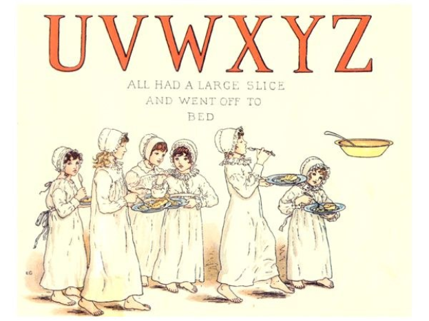 Eine Gruppe von Menschen hält Teller mit Essen in den Händen, begleitet von einer Schüssel und einem Löffel, mit Text oben lesbar "Uwxyz - Alle hatten ein großes Stück und gingen ins Bett."